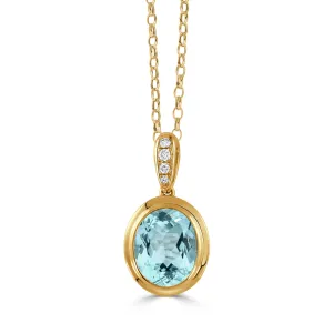 18K YELLOW GOLD DIAMOND PENDANT WITH SKY BLUE TOPAZ CENTER