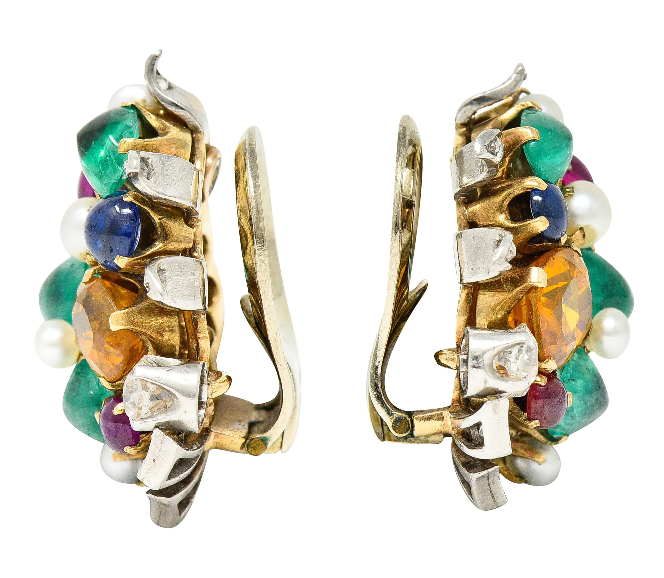 1950's Mid-Century 9.50 CTW Emerald Diamond Sapphire Ruby Pearl Platinum 14 Karat Yellow Gold Vintage Cluster Ear-Clip Earrings