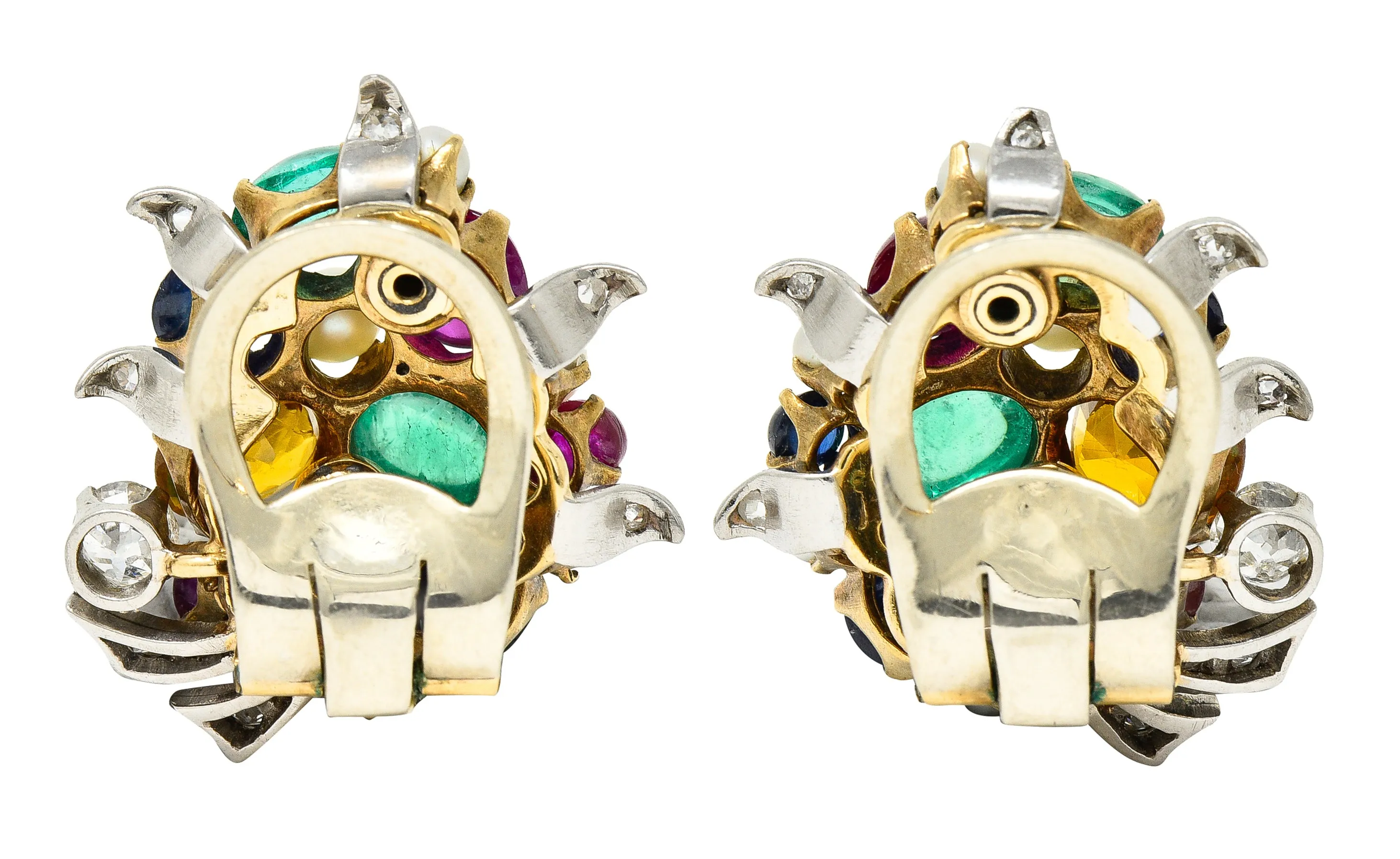 1950's Mid-Century 9.50 CTW Emerald Diamond Sapphire Ruby Pearl Platinum 14 Karat Yellow Gold Vintage Cluster Ear-Clip Earrings