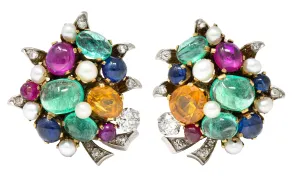 1950's Mid-Century 9.50 CTW Emerald Diamond Sapphire Ruby Pearl Platinum 14 Karat Yellow Gold Vintage Cluster Ear-Clip Earrings