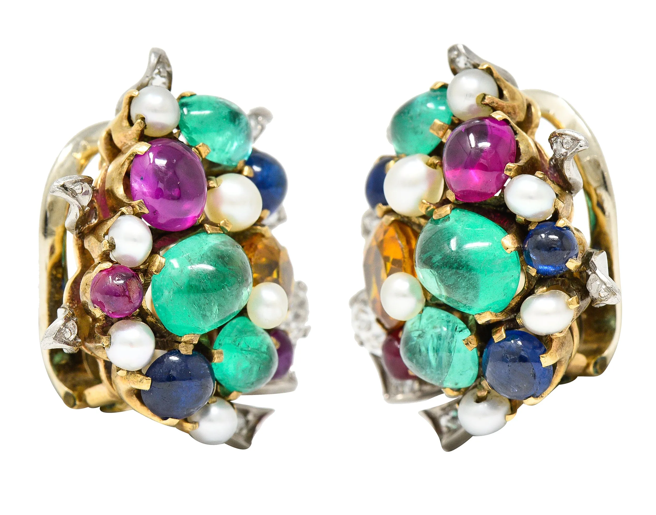 1950's Mid-Century 9.50 CTW Emerald Diamond Sapphire Ruby Pearl Platinum 14 Karat Yellow Gold Vintage Cluster Ear-Clip Earrings