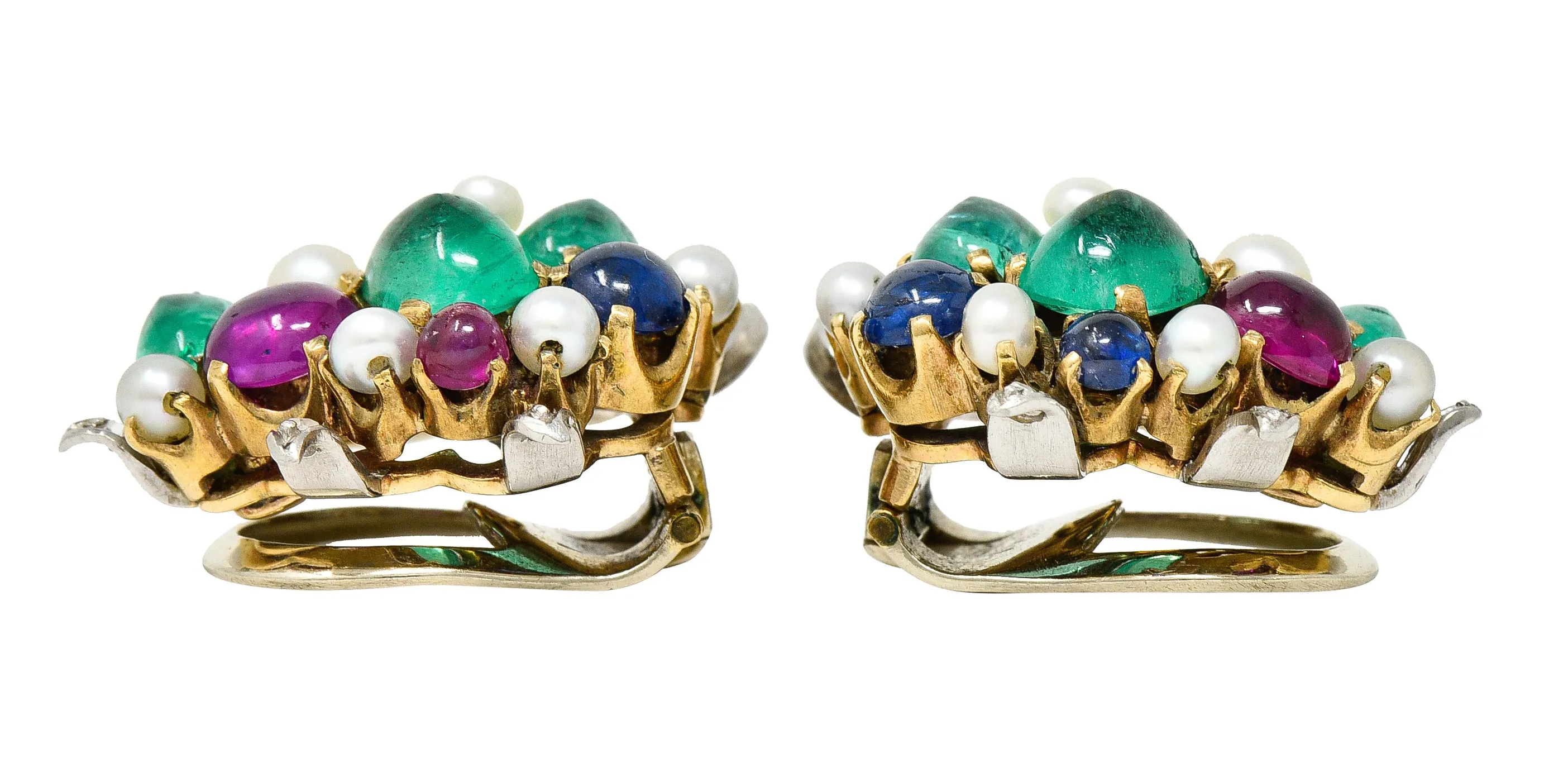 1950's Mid-Century 9.50 CTW Emerald Diamond Sapphire Ruby Pearl Platinum 14 Karat Yellow Gold Vintage Cluster Ear-Clip Earrings