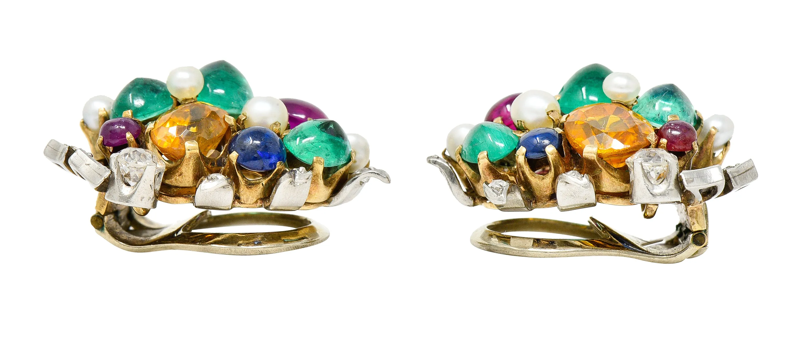 1950's Mid-Century 9.50 CTW Emerald Diamond Sapphire Ruby Pearl Platinum 14 Karat Yellow Gold Vintage Cluster Ear-Clip Earrings