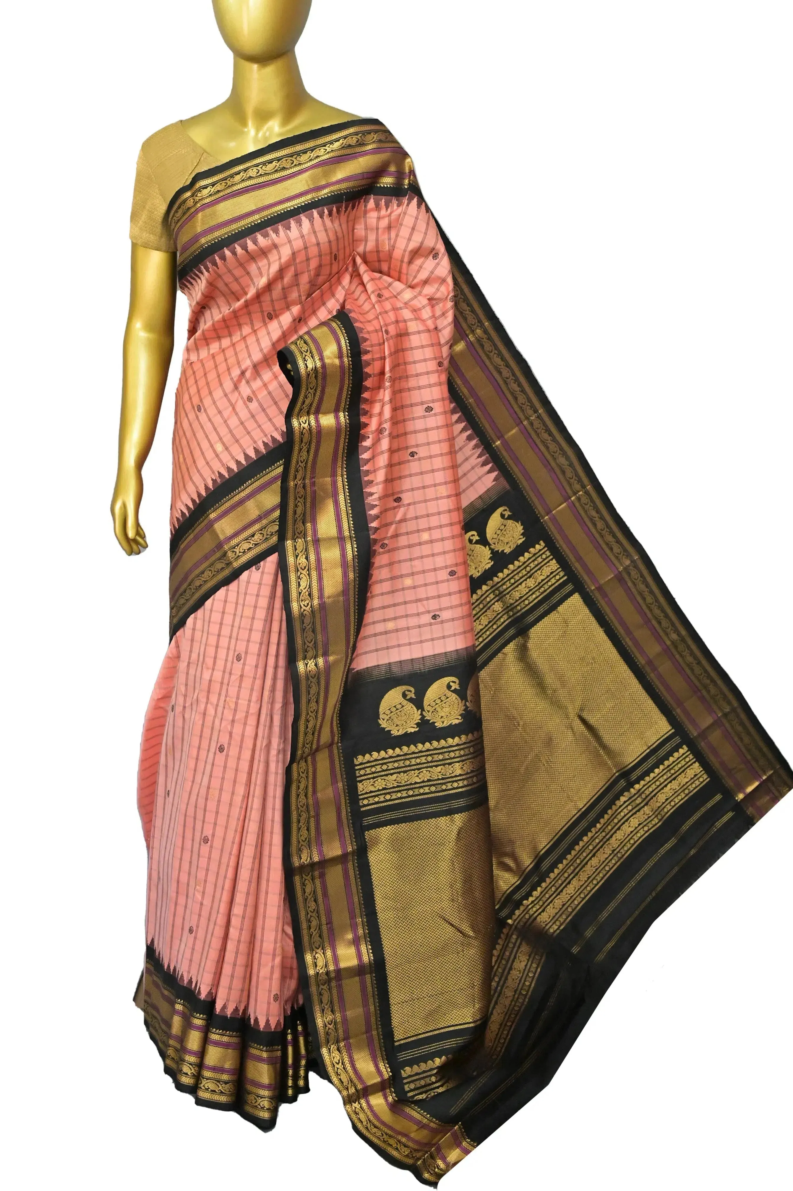 Blush Peach and Black Color Pure Gadwal Silk Saree with Allover Checks and Zari Work