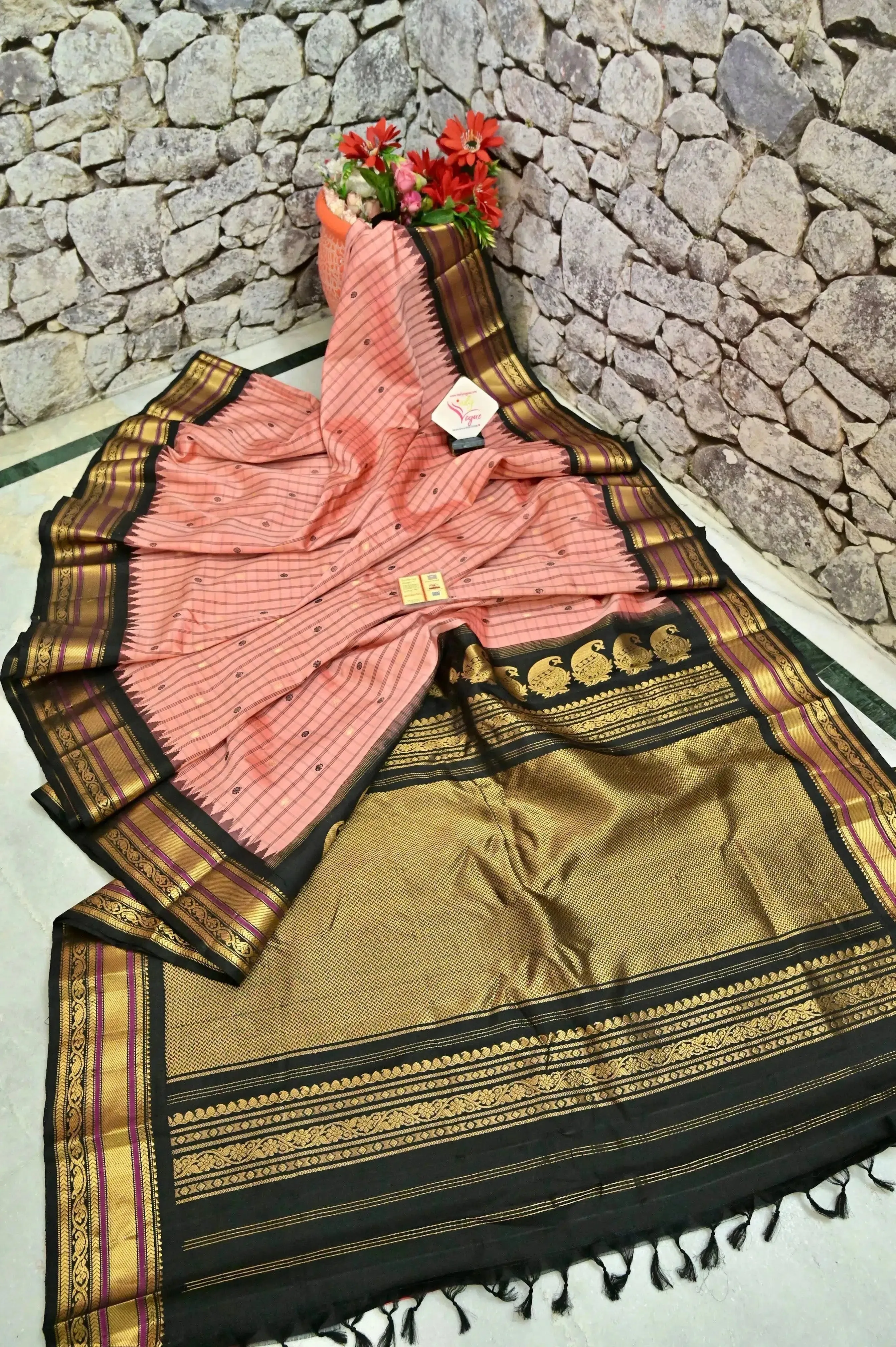 Blush Peach and Black Color Pure Gadwal Silk Saree with Allover Checks and Zari Work