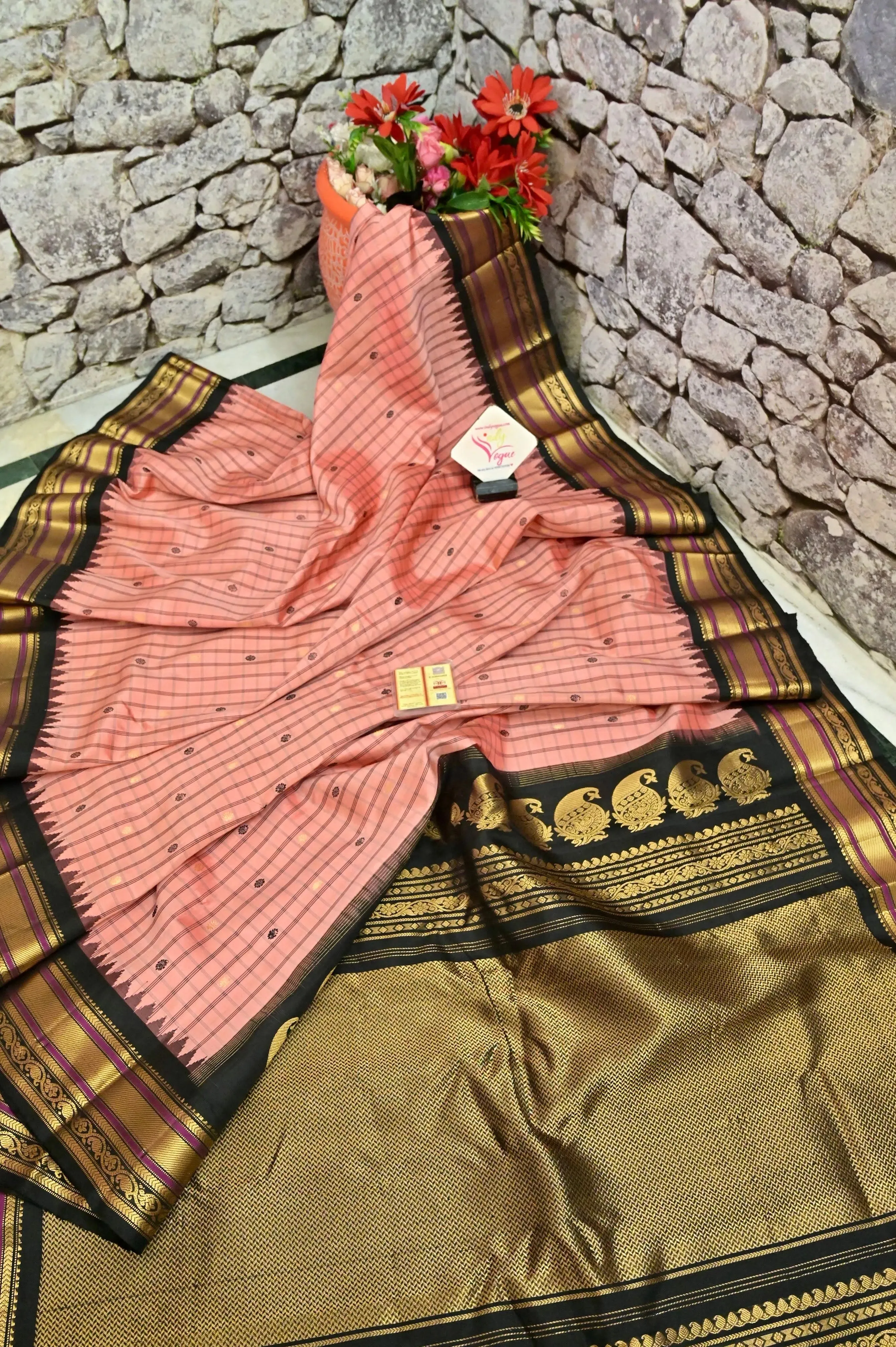 Blush Peach and Black Color Pure Gadwal Silk Saree with Allover Checks and Zari Work