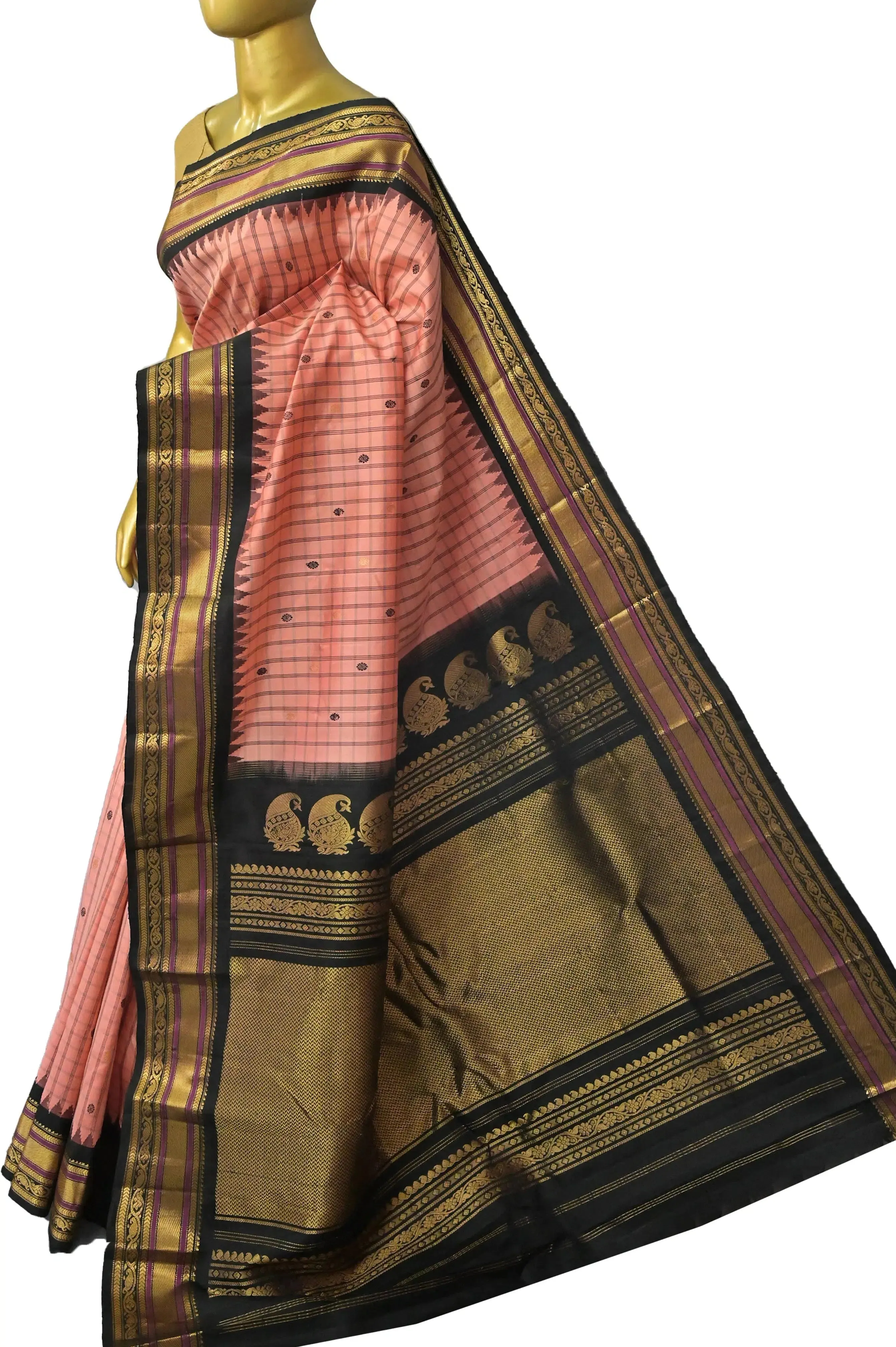 Blush Peach and Black Color Pure Gadwal Silk Saree with Allover Checks and Zari Work