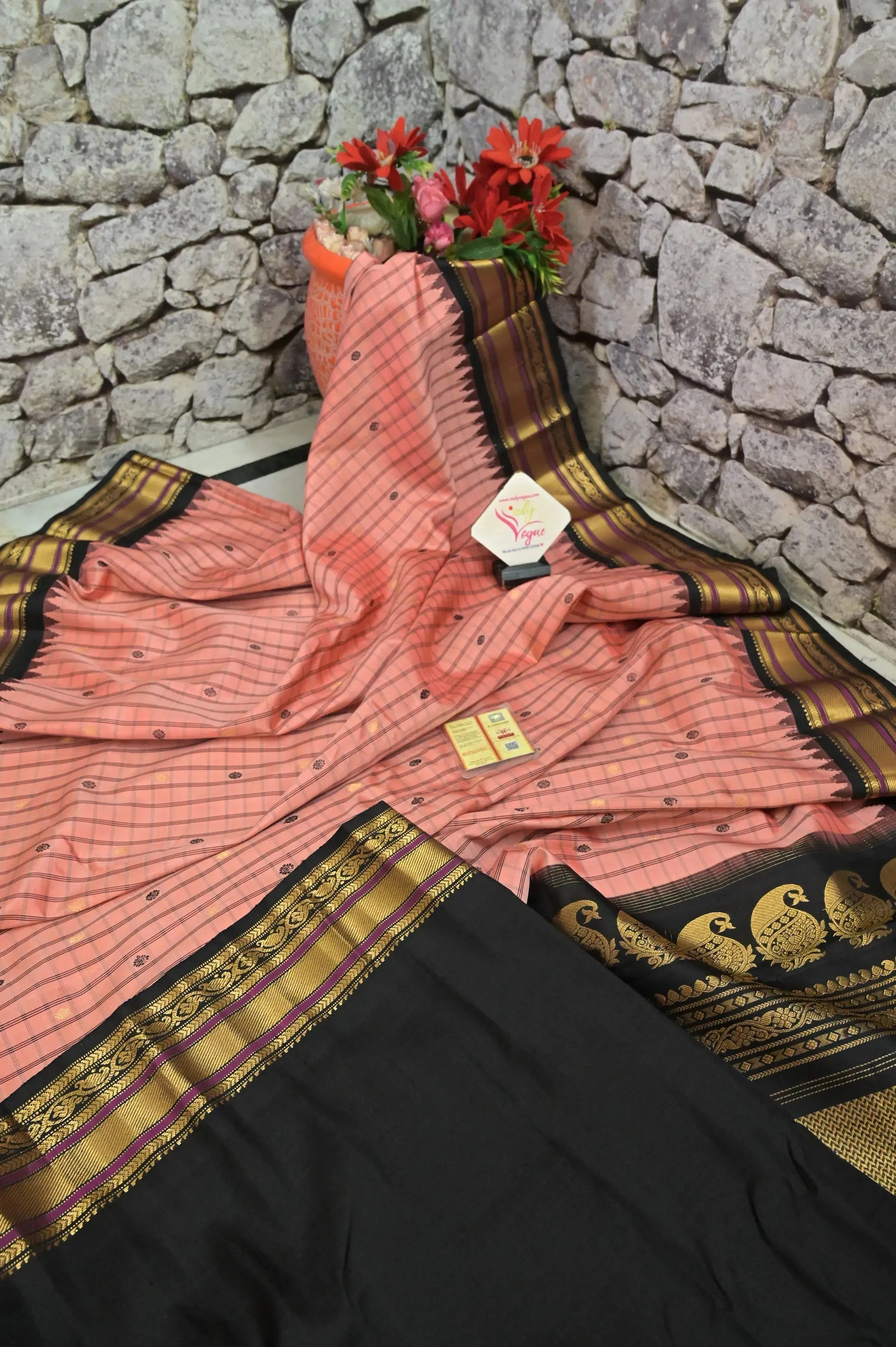 Blush Peach and Black Color Pure Gadwal Silk Saree with Allover Checks and Zari Work