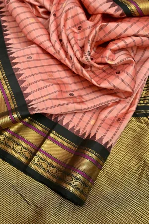 Blush Peach and Black Color Pure Gadwal Silk Saree with Allover Checks and Zari Work