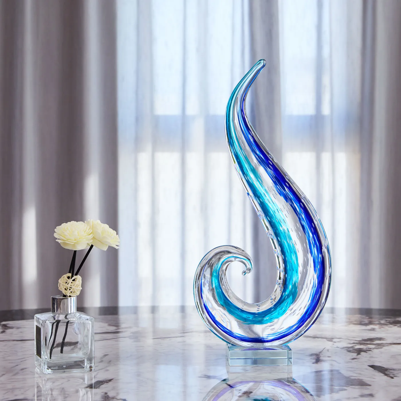 Luxury Lane Hand Blown Ocean Wave Sommerso Art Glass Sculpture 12-16 inch tall
